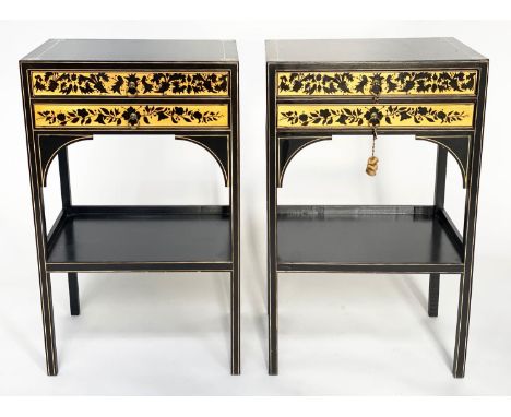 SIDE TABLES, a pair, Regency style satinwood black lacquered and line painted each with two drawers, 47cm x 35cm x 75cm H. (2