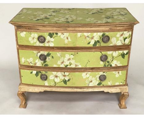 DECOUPAGE COMMODE, Italian style bowfronted with applied floral print, three drawers silvered handles and shaped supports, 82