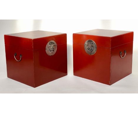 TRUNK SIDE TABLES, a pair, Chinese scarlet lacquered and silvered metal mounted with rising lid, 45cm x 45cm x 45cm. 