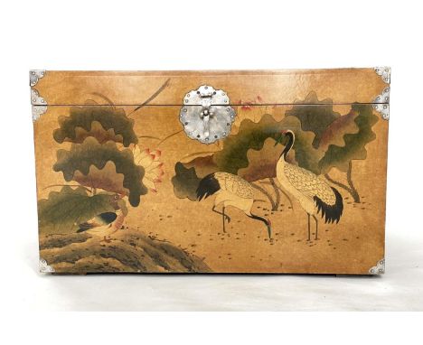 TRUNK, Chinese sienna lacquered with painted cranes and silvered metal mounts, 80cm W x 40cm D x 40cm H&gt; 