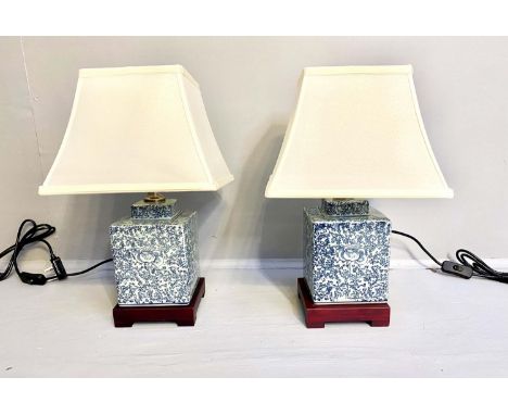 TABLE LAMPS, pair, 42cm H x 28cm W, Chinese export style blue and white ceramic with shades. (2) 