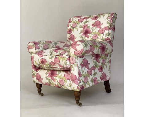 ARMCHAIR, country house style trailing floral print upholstered with scroll back and arms and walnut turned front supports, 8