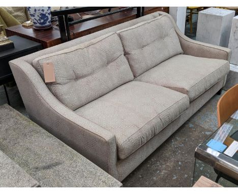 SOFA, contemporary woven linen upholstered with feather and down fitted back and seat cushions and tapering supports, 180cm W