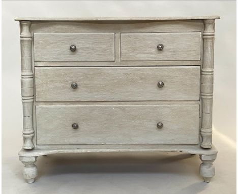 COMMODE, 19th century French traditionally grey painted with two short and two long drawers and columns, 96cm W x 52cm D x 81