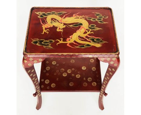 DRAGON LAMP TABLE, early 20th century Chinese scarlet lacquered and gilt rosette decoration with dragon tray top and undertie