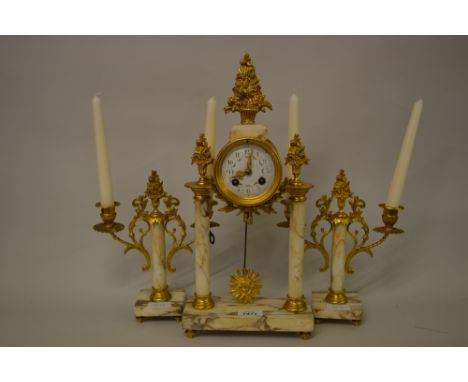 French gilt metal and white marble three piece clock garniture, the clock having circular enamel dial with Arabic numerals wi