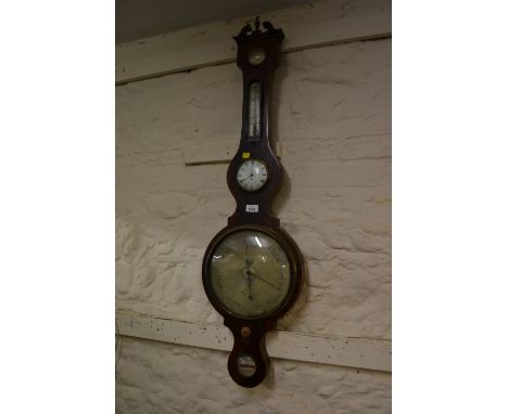 George III mahogany banjo shaped wheel barometer / thermometer / clock by J. Somalvico and Son, Hatton Garden