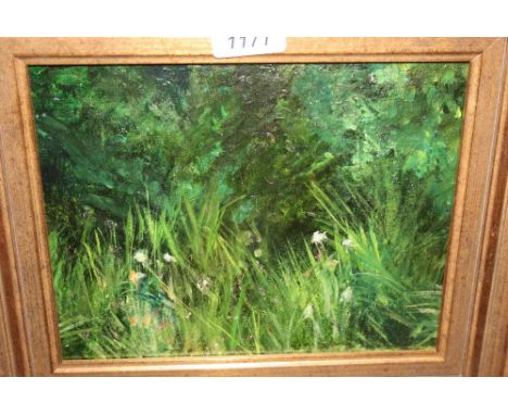 Oil on board, study of wild flowers amongst grass at the edge of a wood, together with an unframed oil on panel of a garden, 