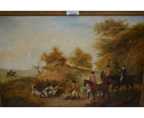 19th Century oil on canvas, fox hunting scene, 13.5ins x 19.5ins, gilt framed