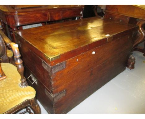 Large 19th Century oak military style brass mounted silver trunk, the hinged cover enclosing lift-out trays with a brass inla