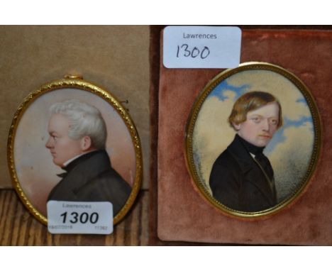 19th Century watercolour portrait miniature on ivory of a gentleman in profile together with another similar