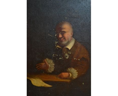 Antique double sided oil on metal panel, head and shoulder portrait sketch, inscribed J.N. and figure seated at a table verso