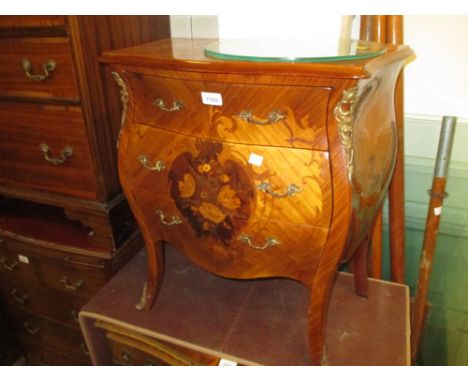 Small reproduction walnut and marquetry inlaid bombe shaped three drawer commode