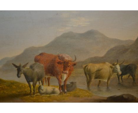 18th / 19th Century oil on oak panel, cattle, sheep and donkey by a stream, 6ins x 8ins