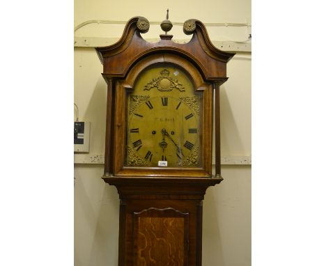 George III oak and mahogany crossbanded longcase clock, the broken arch hood with flanking pilasters above a shaped panel doo