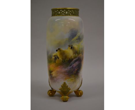 Harry Davis for Royal Worcester, cylindrical shaped vase with a pierced rim painted with sheep in a Highland landscape, raise