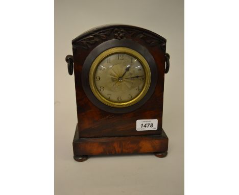 Small Victorian mahogany mantel clock, the silvered dial with Arabic numerals with a French cylinder movement