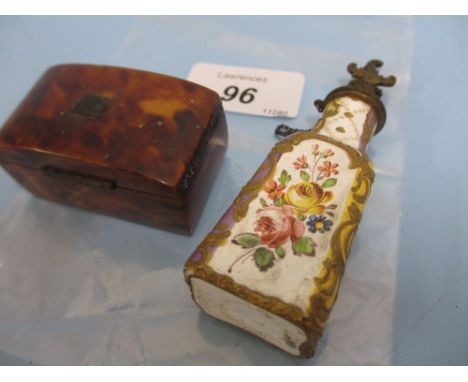 Antique enamel and gilt metal perfume bottle of Limoges type together with a small tortoiseshell snuff box