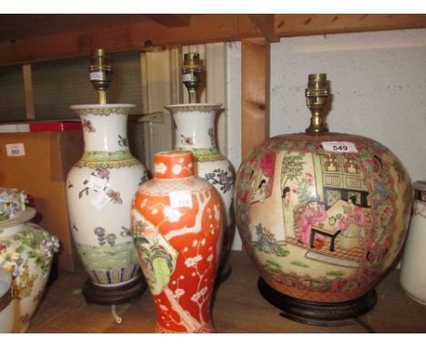 Chinese porcelain baluster form vase adapted for use as a table lamp together with another similar and a pair of similar vase