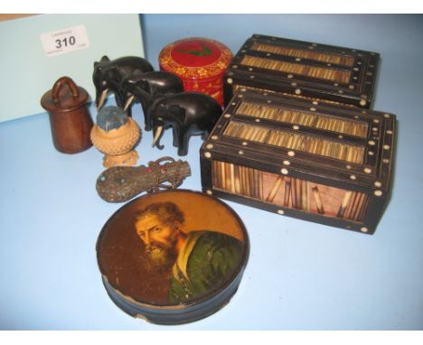 Papier mache snuff box painted with a portrait, two porcupine quill boxes and other small collectables