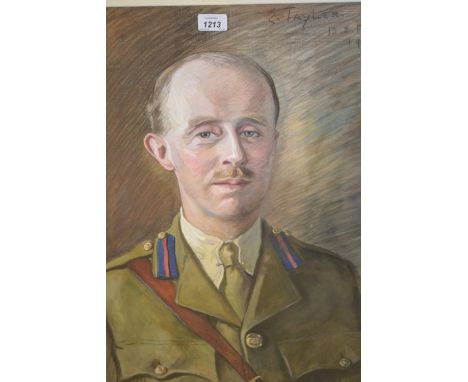 20th Century pastel head and shoulder portrait of an Officer, inscribed E. Tayler B.E.F. 1918, gilt framed, 23ins x 17ins, to