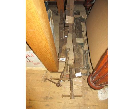 Group of seven various sash clamps, pine box containing a quantity of various tools and an oak box with hinged cover