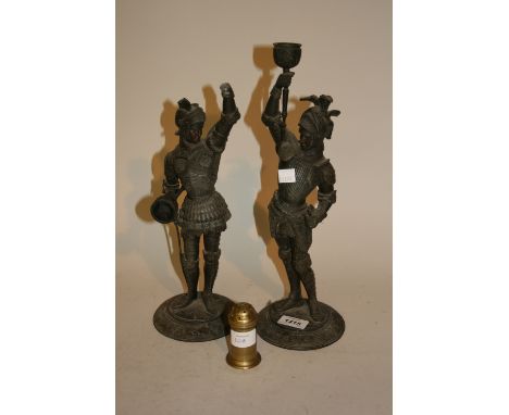 Pair of late 19th Century spelter figures of knights in armour (one a/f) together with a small brass sander