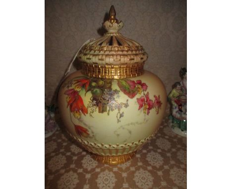 Large Royal Worcester blush ivory pot pourri vase and cover decorated with flowers (restoration to finial)