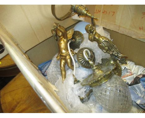 Early 20th Century two tier cut glass bag light fitting suspended from a cherub, another smaller similar light fitting and a 