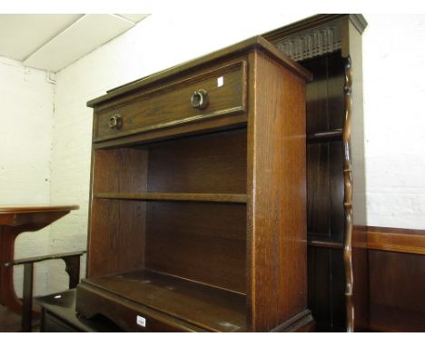 Oak single drawer book shelf on plinth base, slim oak cabinet with shelf and magazine rack