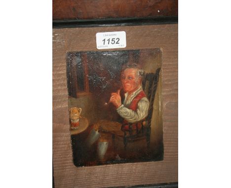 19th Century English naive school oil, portrait of a gentleman seated at a table with clay pipe, housed in a burr maple frame