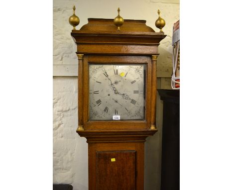 George III oak longcase clock, the square hood with a caddy top above rectangular door and plinth base, the silvered dial wit