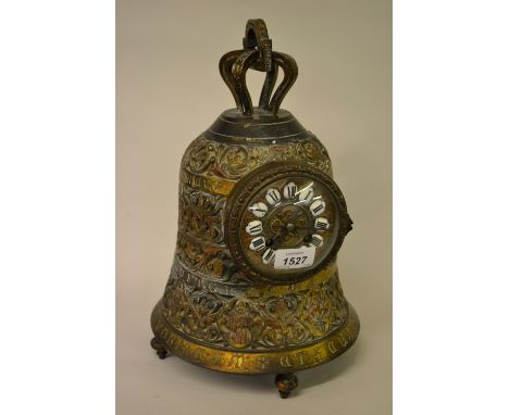 Unusual cast gilded brass bell form mantel clock, the gilt dial with enamel numerals with a two train movement
