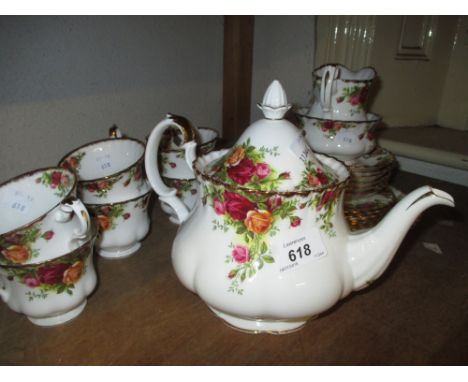 Royal Albert Old Country Rose pattern tea service comprising: teapot, sugar bowl, cream jug, six cups and saucers, six side p