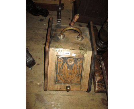 19th Century carved oak coal purdonium with shovel, an oak barometer case (lacking movement), circular footstool and a wooden