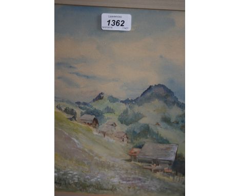 Pair of early 20th Century watercolours, alpine scenes, monogrammed F.M.W., 12ins x 9ins, continental oil sketch on paper of 