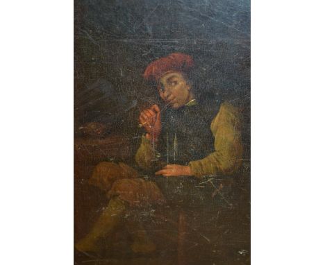 Antique Dutch oil on oak panel, a seated figure smoking before a table, 9ins x 8ins, unframed