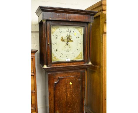 George III oak longcase clock, the square hood with flanking pilasters above a shaped panelled door and conforming plinth bas