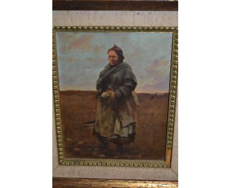 Oil on panel, study of a woman farm worker in a landscape, signed Moroney, 5ins x 7ins, gilt framed
