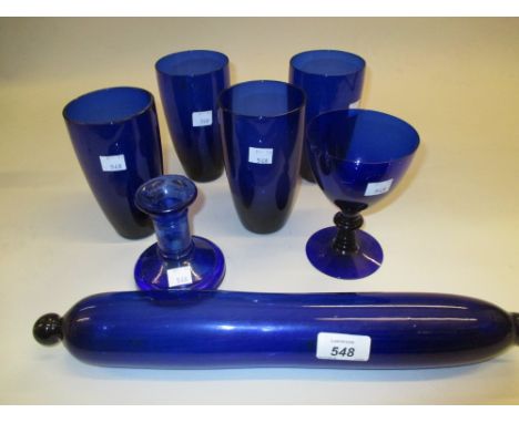 19th Centuy blue glass rolling pin, cut glass decanter, four blue glass tumblers etc