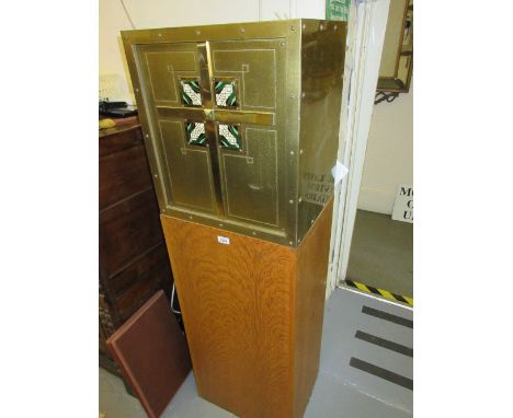 Art Deco style tabernacle or strong box in gilt brass with enamel decoration to the two doors and mounted on a light oak plin