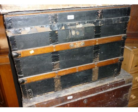 19th Century wooden slatted metal mounted linen covered trunk