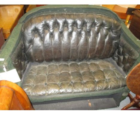 19th Century coaching seat having button leather upholstery with green embossed brocade trimming