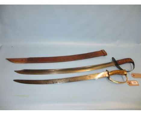 19th Century short hunting sword with antler grip together with a short sabre with leather scabbard, the blade inscribed ' Al