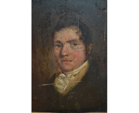 Late 18th or early 19th Century, oil on panel, head and shoulder portrait of a gentleman, gilt framed (damages)