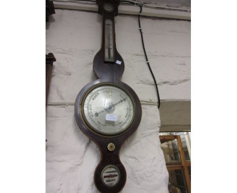 George III mahogany and line inlaid banjo shaped wheel barometer (damages and repairs)