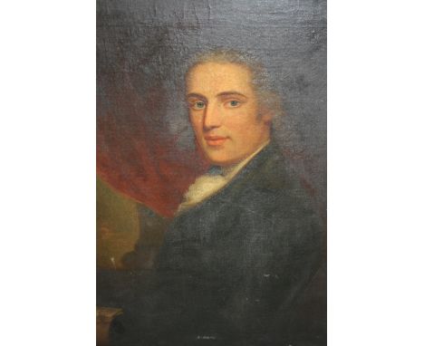 Late 18th / 19th Century oil on canvas, portrait of a seated man by a window, unsigned, gilt framed, 32ins x 26ins 