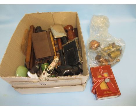 Gold plated S.J. Dupont lighter in original box, together with a quantity of various pipes, small items of brass and copper e