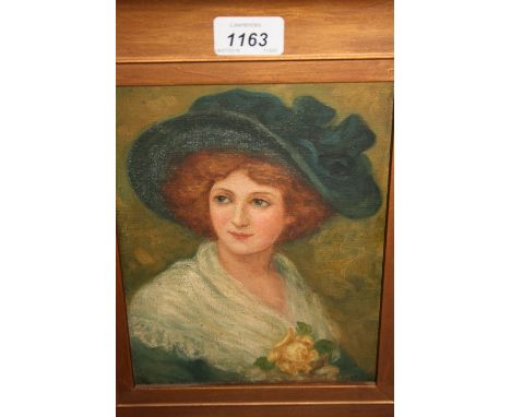 Oil on canvas, half length portrait of a young lady with a blue hat, 9ins x 7ins