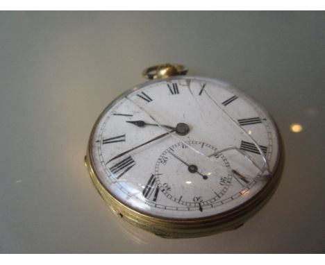 18ct Yellow gold floral engraved fob watch having open face with ceramic dial (a/f)